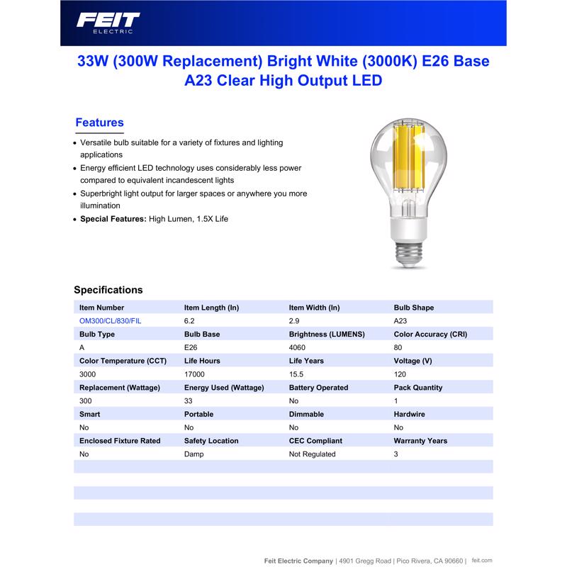 Feit A23 E26 (Medium) Filament LED Bulb Bright White 300 Watt Equivalence 1 pk