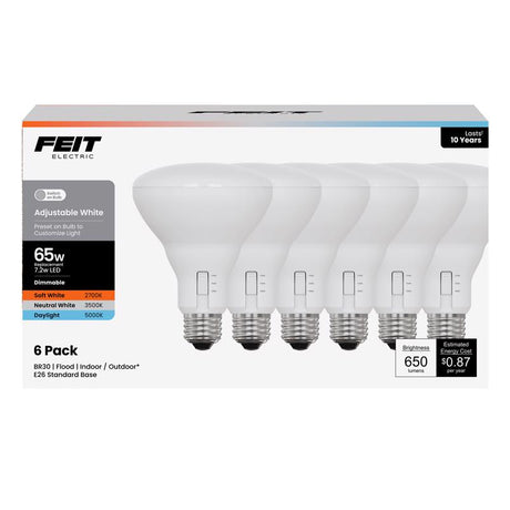 Feit BR30 E26 (Medium) LED Bulb Adjustable White 65 Watt Equivalence 6 pk