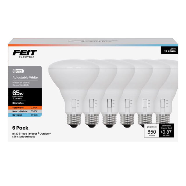 Feit BR30 E26 (Medium) LED Bulb Adjustable White 65 Watt Equivalence 6 pk