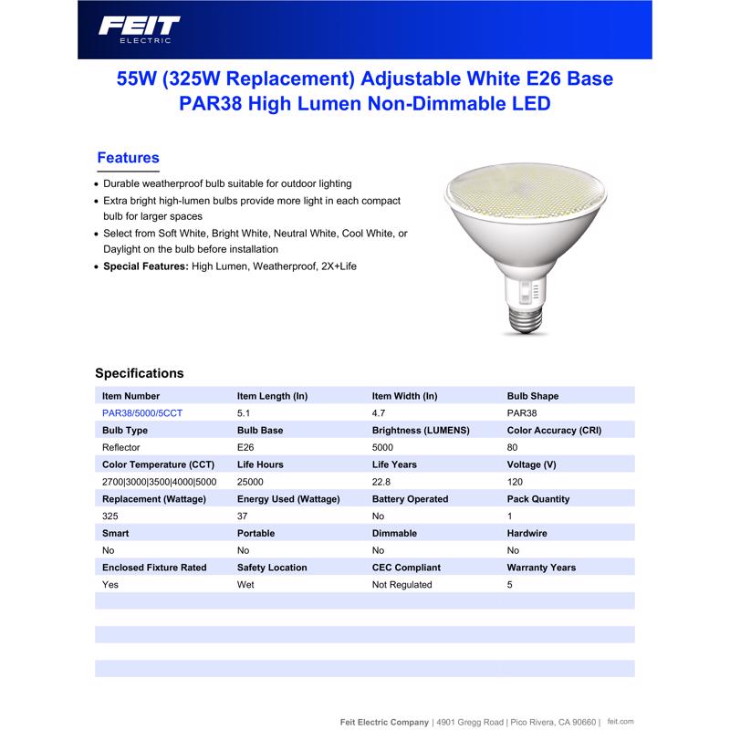 Feit PAR38 E26 (Medium) LED Floodlight Bulb Adjustable White 325 Watt Equivalence 1 pk