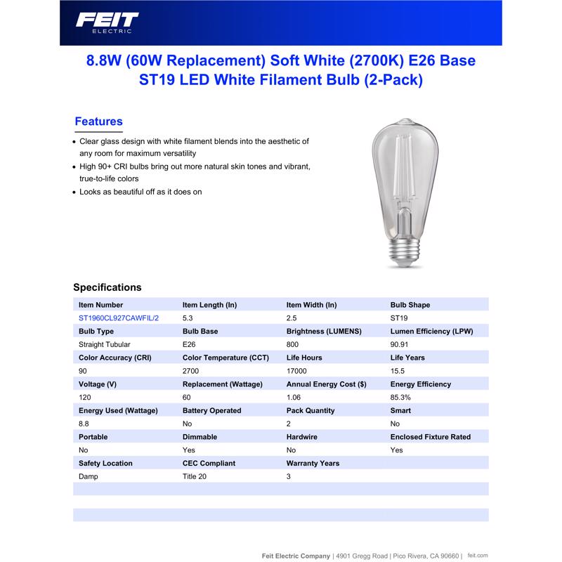 Feit ST19 E26 (Medium) Filament LED Bulb Soft White 60 Watt Equivalence 2 pk