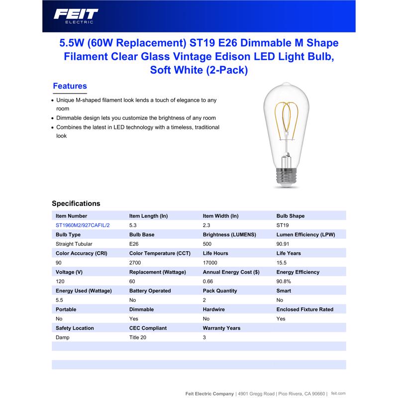 Feit ST19 E26 (Medium) Filament LED Bulb Soft White 60 Watt Equivalence 2 pk