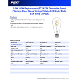 Feit ST19 E26 (Medium) Filament LED Bulb Soft White 60 Watt Equivalence 2 pk