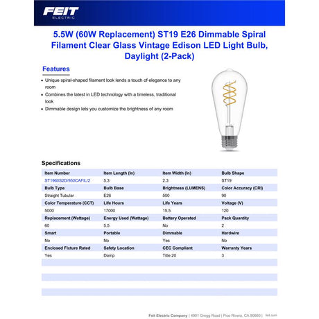 Feit ST19 E26 (Medium) Filament LED Bulb Daylight 60 Watt Equivalence 2 pk