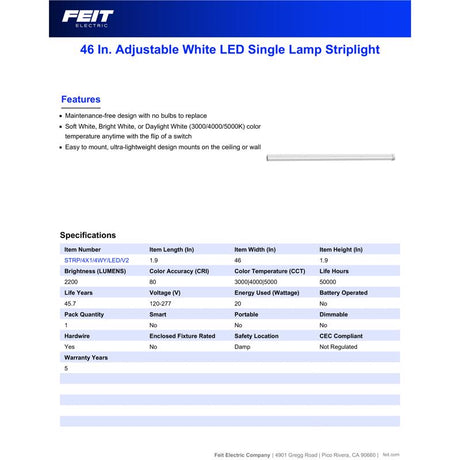 Feit 46 in. L White Hardwired LED Strip Light 2200 lm