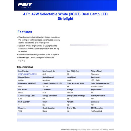 Feit 48 in. L White Hardwired LED Strip Light 4500 lm