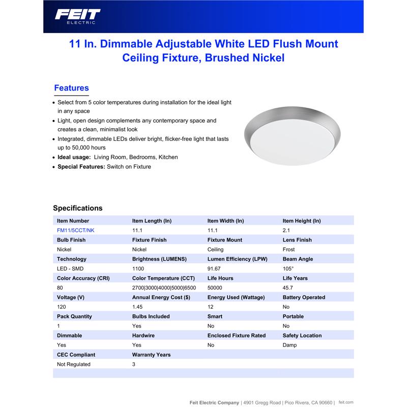 Feit 3 in. H X 11 in. W X 11 in. L Brushed Nickel White Ceiling Fixture