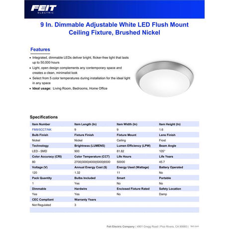 Feit 3 in. H X 9 in. W X 9 in. L Brushed Nickel White Ceiling Fixture