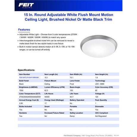 Feit 10.5 in. H X 15 in. W X 15 in. L Matte Black Ceiling Fixture