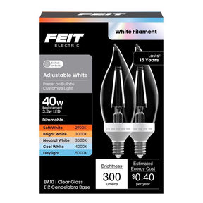 Feit BA10 E12 (Candelabra) LED Bulb Adjustable White 40 Watt Equivalence 2 pk