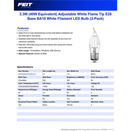 Feit BA10 E26 (Medium) LED Bulb Adjustable White 40 Watt Equivalence 2 pk
