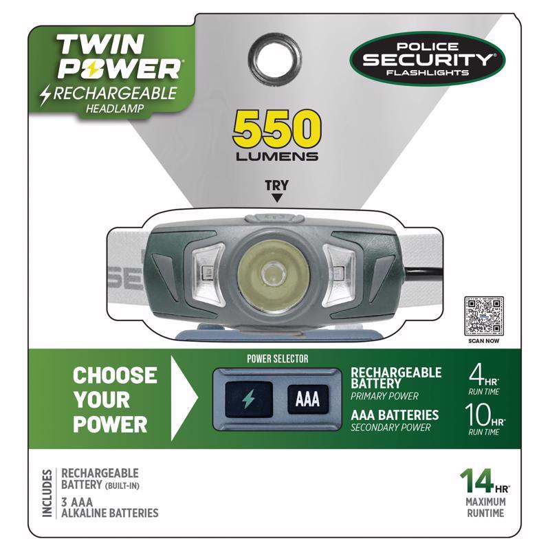 Police Security 550 lm Gray/Green LED Rechargeable Head Lamp AAA Battery