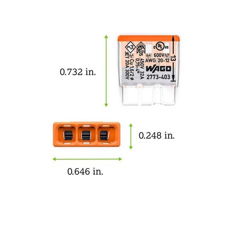 Wago 3 Port Push-In Wire Connector 100 pk
