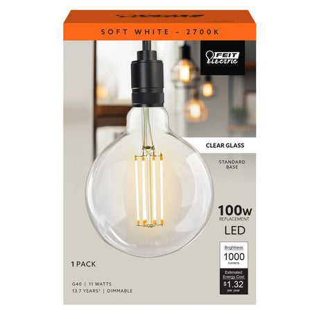 Feit G40 E26 (Medium) Filament LED Bulb Soft White 100 Watt Equivalence 1 pk, Pack of 2