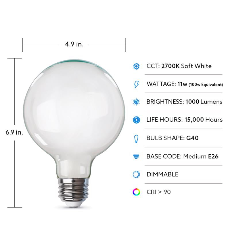 Feit G40 E26 (Medium) Filament LED Bulb Soft White 100 Watt Equivalence 1 pk, Pack of 2