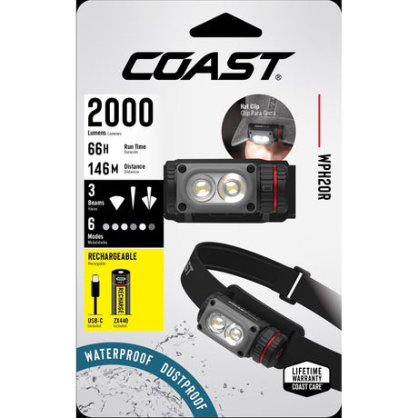 Coast WPH20R 2000 lm Black/Gray LED Rechargeable Head Lamp