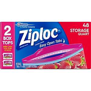 Ziploc 310 Series Storage Bag, Double Zipper Closure, 7-7/16 in W, 7 in L, 1 qt Capacity, Plastic, 48/PK