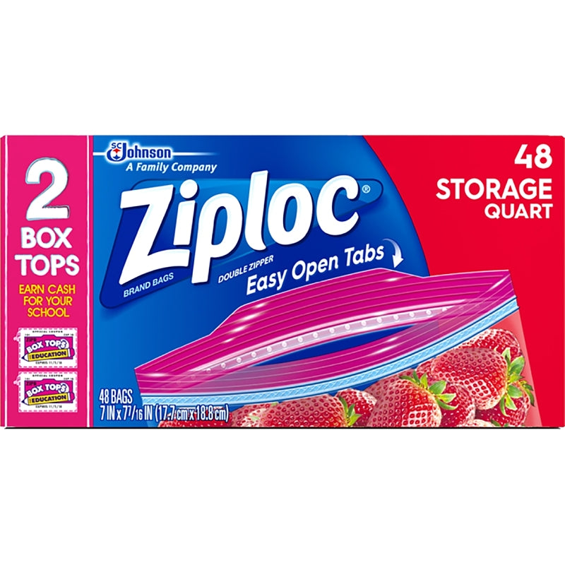 Ziploc 310 Series Storage Bag, Double Zipper Closure, 7-7/16 in W, 7 in L, 1 qt Capacity, Plastic, 48/PK