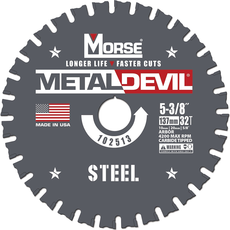 Morse Metal Devil 102513 Circular Saw Blade, 5-3/8 in Dia, 5/8 in Arbor, 32-Teeth, Applicable Materials: Iron, Steel