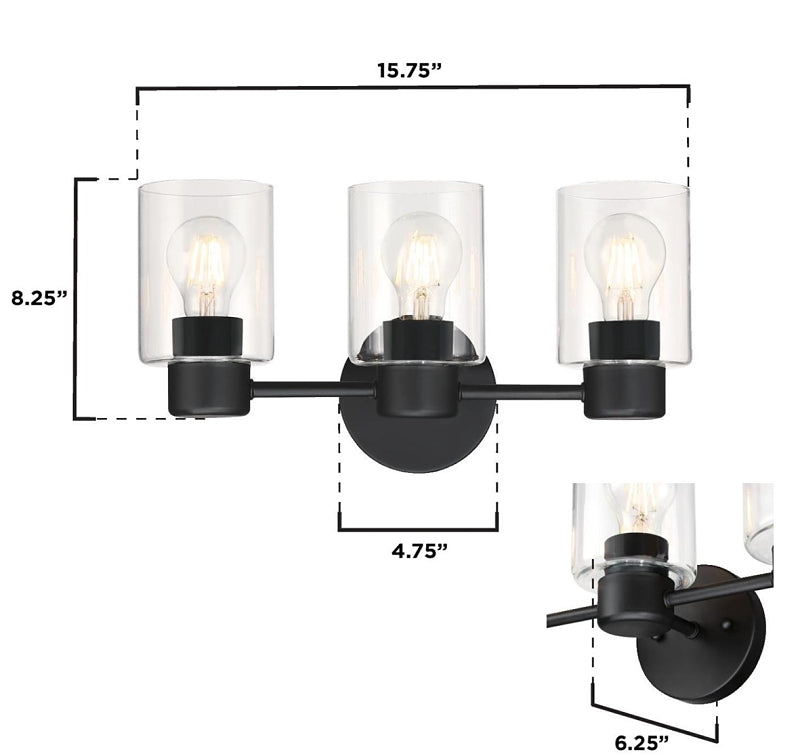 Westinghouse Sylvestre Series 6115600 Wall Fixture, 120 V, 3 -Lamp, Incandescent, LED Lamp, Steel Fixture, Black Fixture