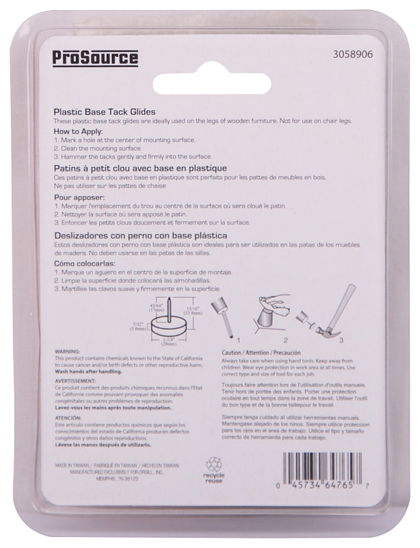 ProSource FE-50305-PS Furniture Glide, Plastic, White, White, 1-1/8 x 1-1/8 x 15/16 in Dimensions