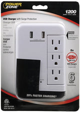 PowerZone ORRUSB346S USB Charger with Surge Protection, 2-Pole, 125 V, 15 A, 6-Outlet, 1200 Joules Energy, White