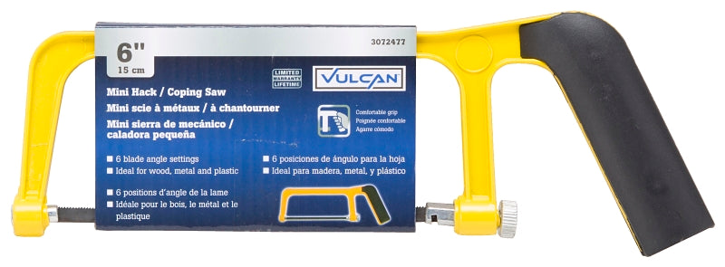 Vulcan JL52063 Mini Hacksaw, 6 in L Blade, 24 TPI TPI, Steel Blade, 2-1/4 in D Throat, Steel Frame, Comfort Grip Handle