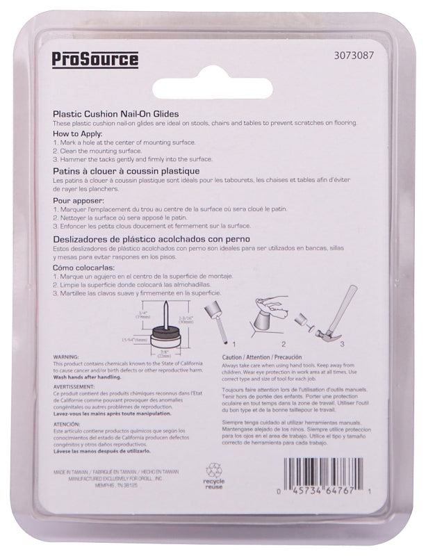 ProSource FE-S517-PS Furniture Glide, Plastic, White, White, 7/8 x 7/8 x 1-3/16 in Dimensions