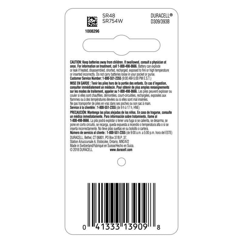 Duracell Silver Oxide 309/393 1.5 V 80 mAh Electronic/Watch Battery 1 pk, Pack of 6
