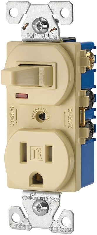 Eaton TR274V Combination Switch, 1-Pole, 15 A, 120/125 V, NEMA: NEMA 5-15R, Ivory