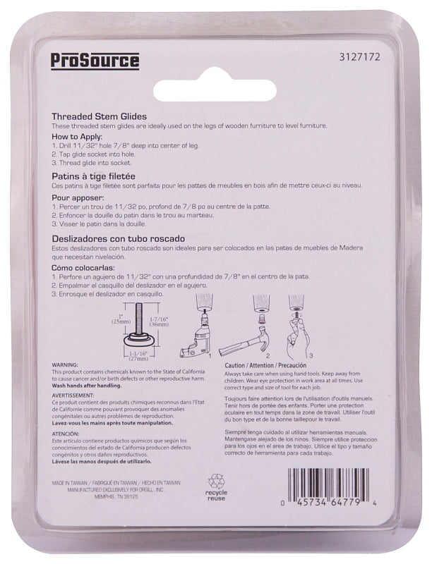 ProSource FE-S506-PS Furniture Glide, Plastic/Steel, Silver, Nickel Plated, 1-1/16 x 1-1/16 x 1-7/16 in Dimensions