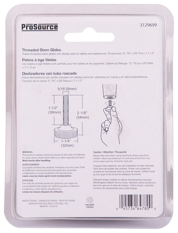 ProSource FE-S505-PS Furniture Glide, PE/Steel, Black, Black, 1-1/4 x 1-1/4 x 2-1/8 in Dimensions