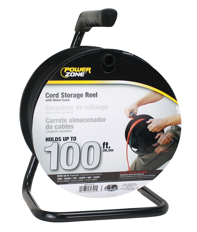 PowerZone ORCR3000 Cord Storage Reel with Stand, 100 ft L Cord, 16 AWG Wire, Black