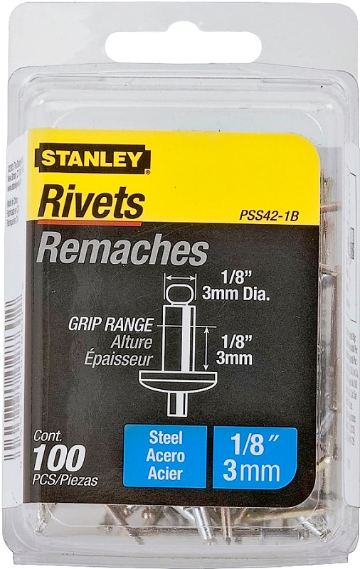 STANLEY PSS42-1B Pop Rivet, High-Strength, Reusable, 1/8 in Grip, 1/8, Galvanized Steel, 100/PK