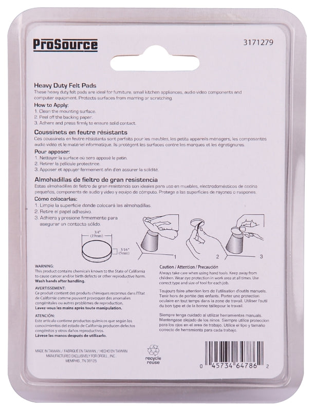 ProSource FE-50200-PS Furniture Pad, Felt Cloth, Beige, 3/4 in Dia, 3/16 in Thick, Round