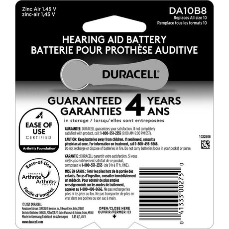 Duracell Zinc Air 10 1.4 V 100 mAh Hearing Aid Battery DA10 8 pk