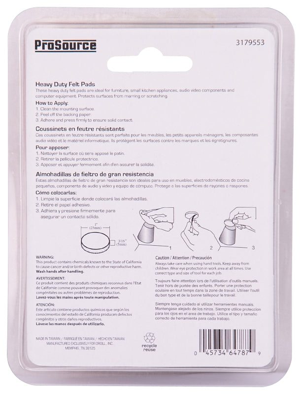 ProSource FE-50201-PS Furniture Pad, Felt Cloth, Beige, 1 in Dia, 3/16 in Thick, Round