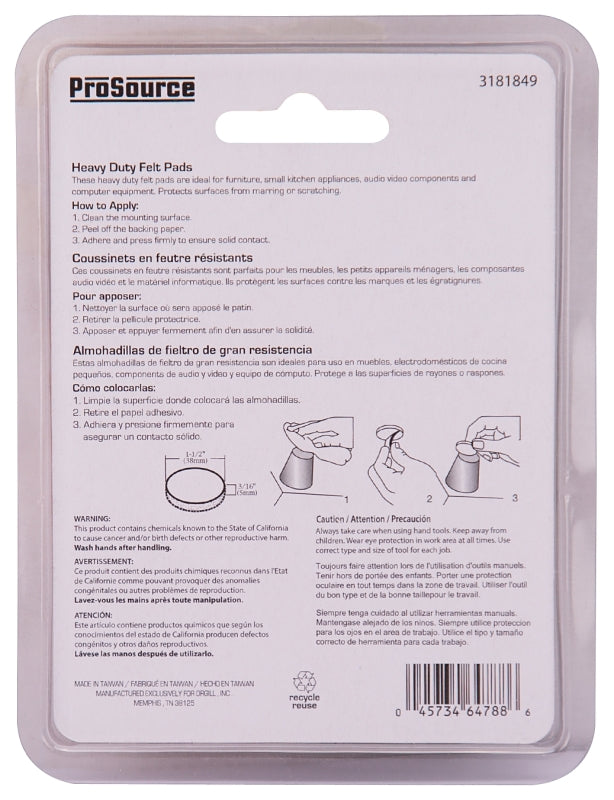 ProSource FE-S101-PS Furniture Pad, Felt Cloth, Beige, 1-1/2 in Dia, 3/16 in Thick, Round