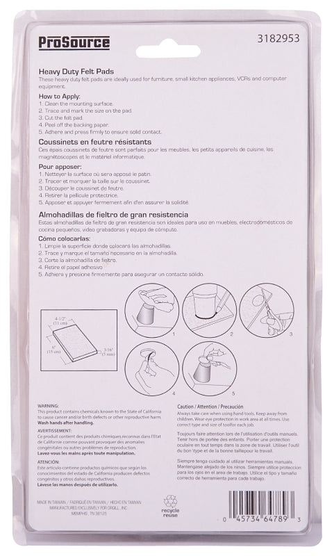 ProSource FE-S105-PS Furniture Pad, Felt Cloth, Beige, 4-1/2 x 6 in Dia, 4-1/2 in W, 3/16 in Thick, Square