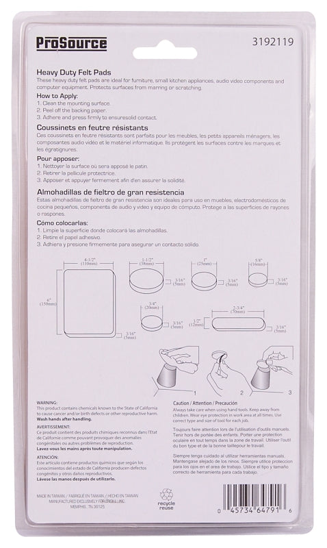 ProSource FE-50209-PS Furniture Pad, Felt Cloth, Beige, 4-1/2 x 6, 1/2, 1, 5/8, 3/4 and 2-3/4 x 1/2 in Dia