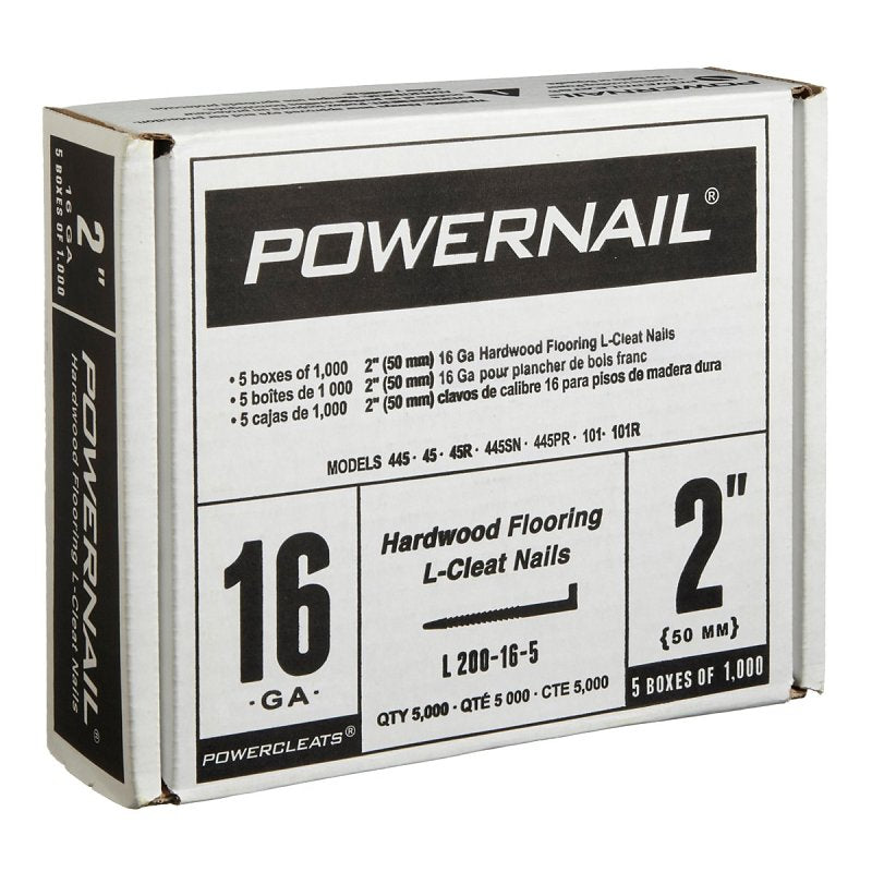 Powernail PowerCleats L200165 Floor Cleat, 2 in L, 16 ga, Carbon Steel, L-Shaped Head, Pack of 5