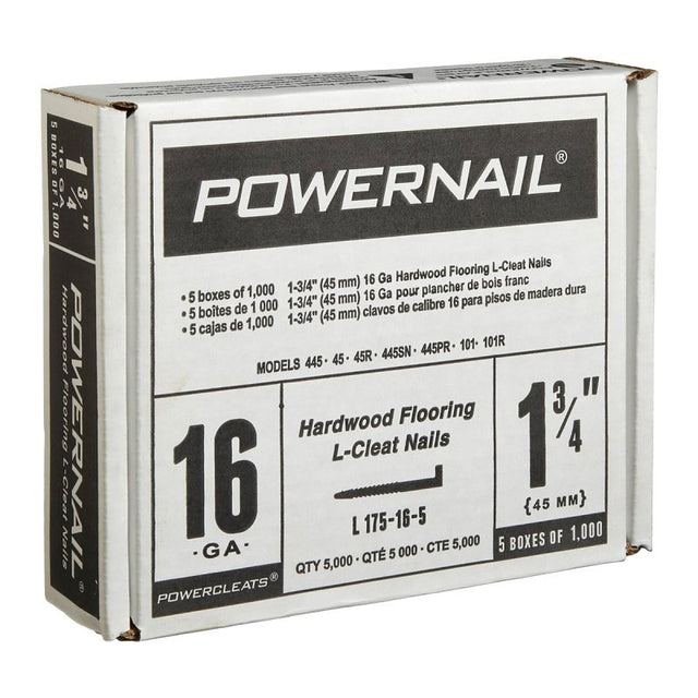 Powernail PowerCleats L175165 Floor Cleat, 1-3/4 in L, 16 ga, Carbon Steel, L-Shaped Head, Pack of 5