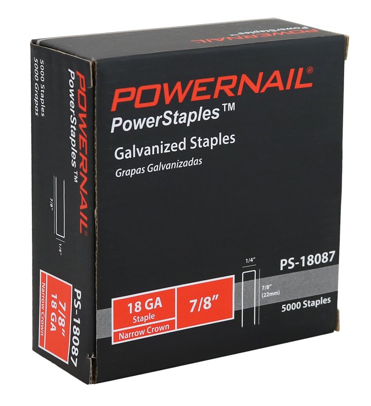 Powernail PowerStaples PS18087 Fine Wire Staple, 1/4 in W Crown, 7/8 in L Leg, 18 ga, Carbon Steel, Pack of 10
