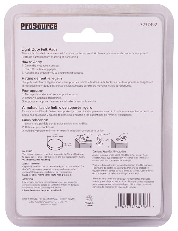 ProSource FE-50221-PS Furniture Pad, Felt Cloth, Brown, 1-3/8 in Dia, 5/64 in Thick, Round