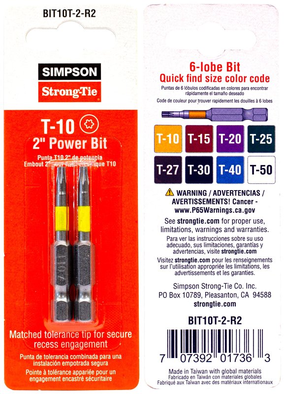 Simpson Strong-Tie BIT10T-2-R2 Driver Bit, T10 6-Lobe Drive, 2 in L ...