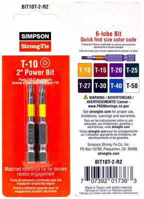 Simpson Strong-Tie BIT10T-2-R2 Driver Bit, T10 6-Lobe Drive, 2 in L