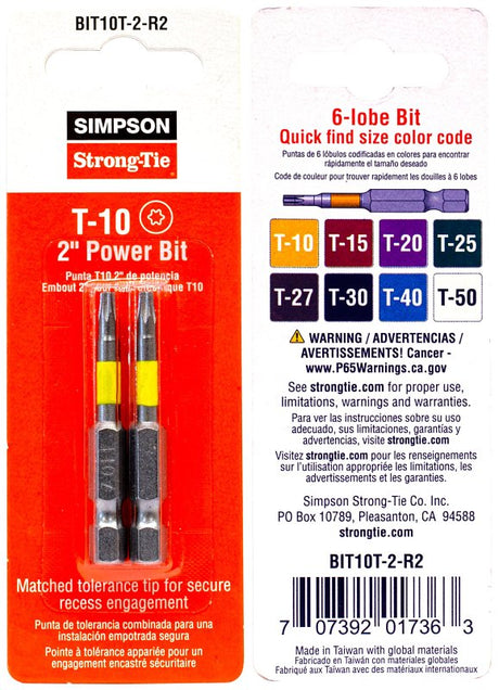 Simpson Strong-Tie BIT10T-2-R2 Driver Bit, T10 6-Lobe Drive, 2 in L