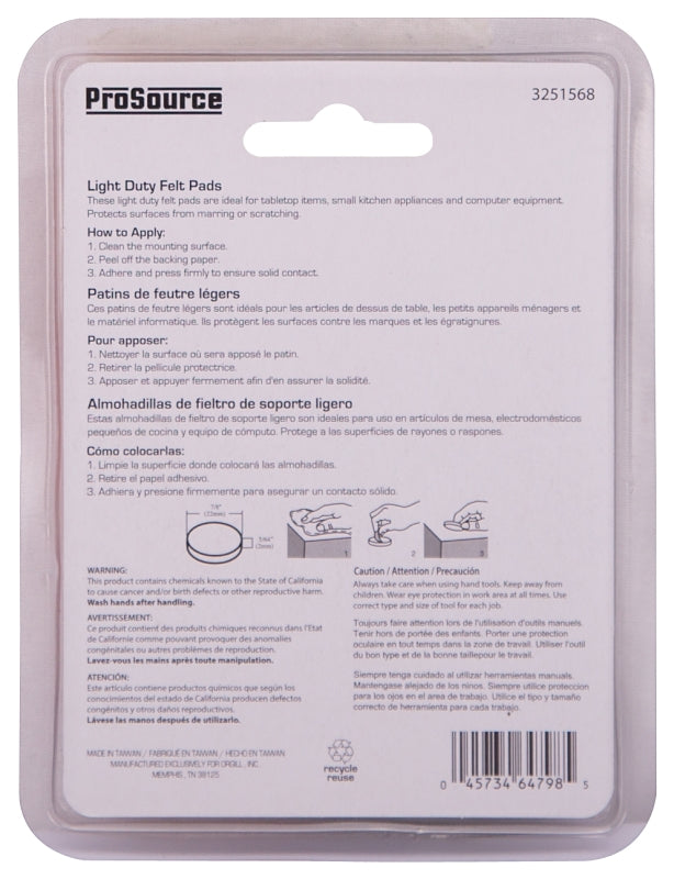 ProSource FE-50223-PS Furniture Pad, Felt Cloth, White, 7/8 in Dia, 5/64 in Thick, Round