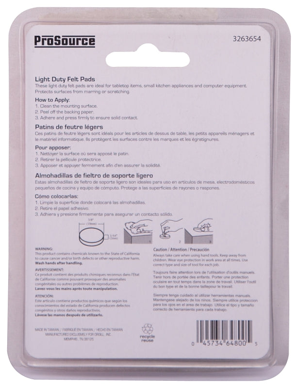 ProSource FE-S301-PS Furniture Pad, Felt Cloth, White, 3/8 in Dia, 5/64 in Thick, Round