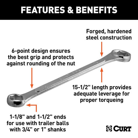 Curt 20001 Wrench, 1-1/8 x 1-1/2 in Head, 15-1/2 in OAL, Steel, Chrome-Plated